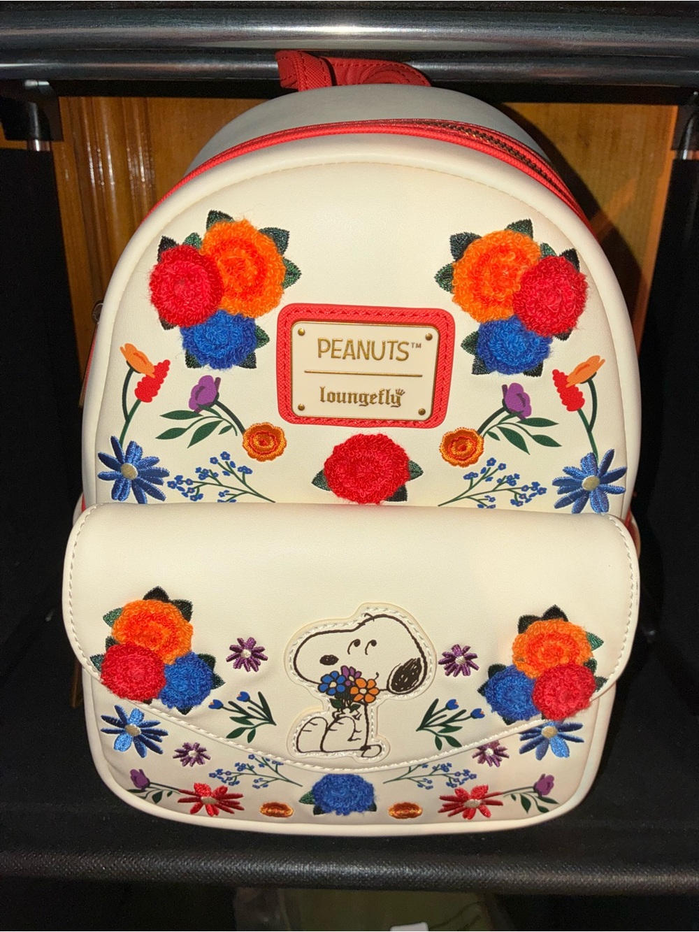 Loungefly Cream Floral Snoopy Mini Backpack with Red Trim